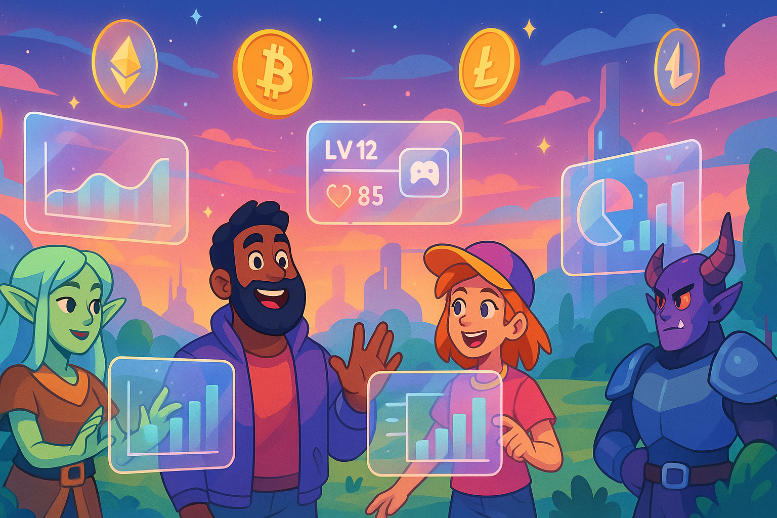 A vibrant, futuristic landscape depicting various fantasy and sci-fi characters interacting with floating holographic interfaces and glowing crypto tokens, all in a glassmorphism and cartoon illustration style.
