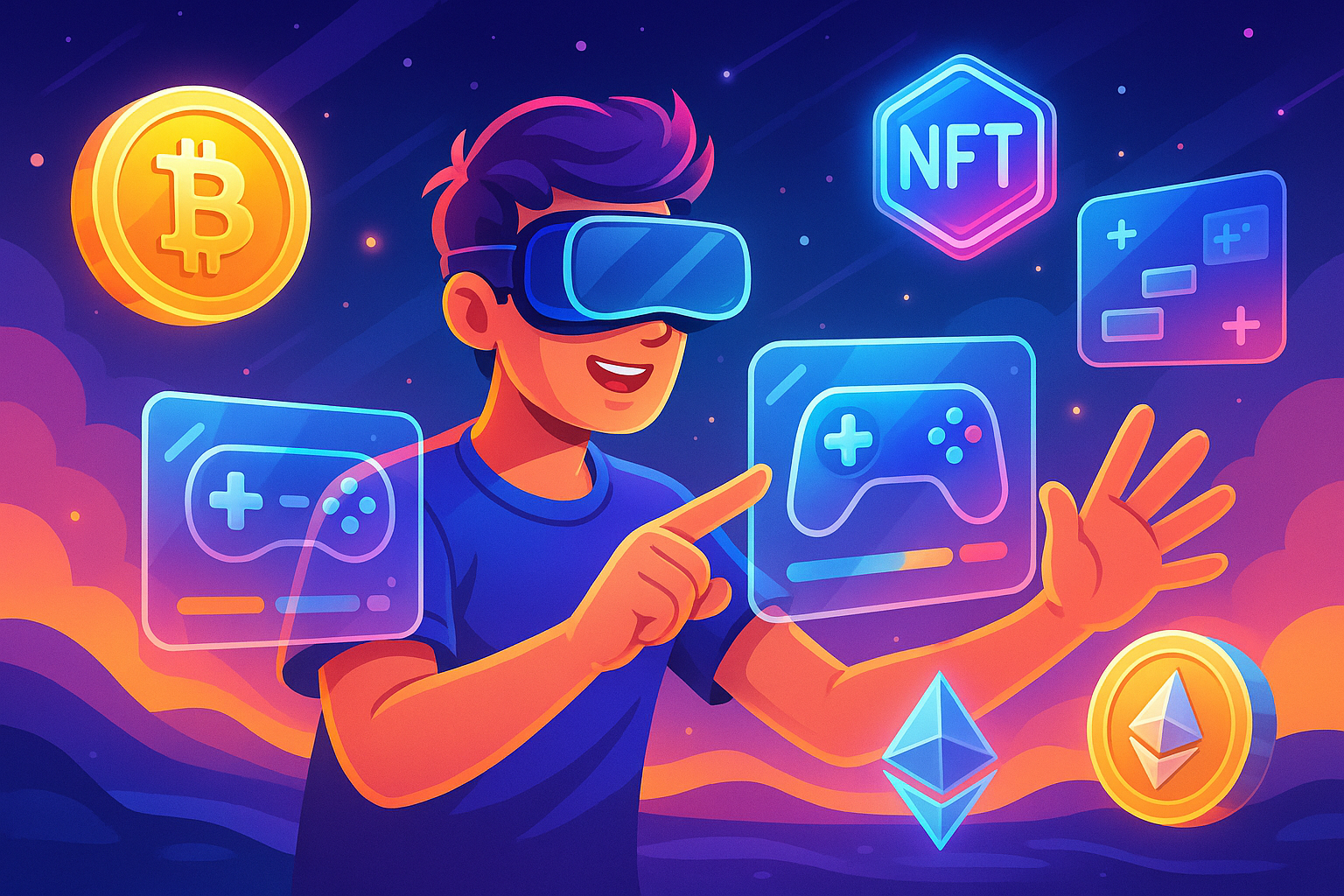 A vibrant and futuristic illustration of a gamer interacting with floating holographic game elements and cryptocurrency icons, showcasing the core concept of Play-to-Earn.