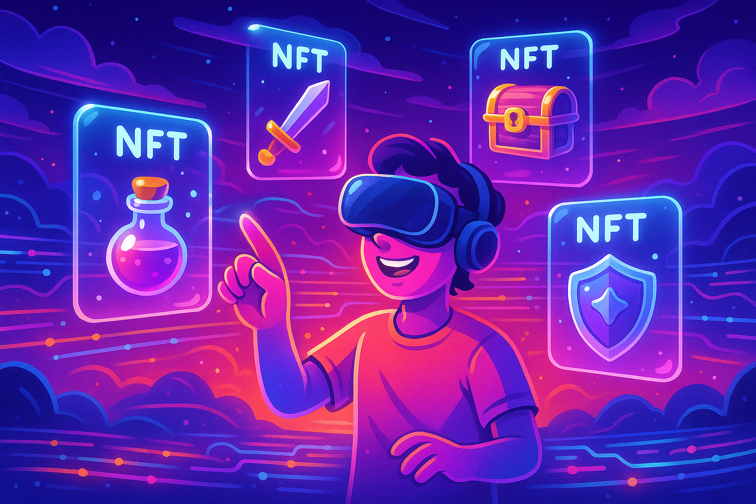 A vibrant, futuristic landscape depicting a gamer interacting with floating, glowing NFTs in a virtual world, with blockchain data streams in the background.
