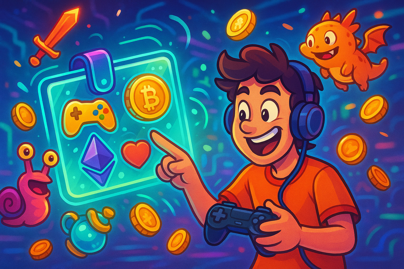 A cartoon character interacting with a floating, glowing crypto wallet interface, with game items and coins swirling around.