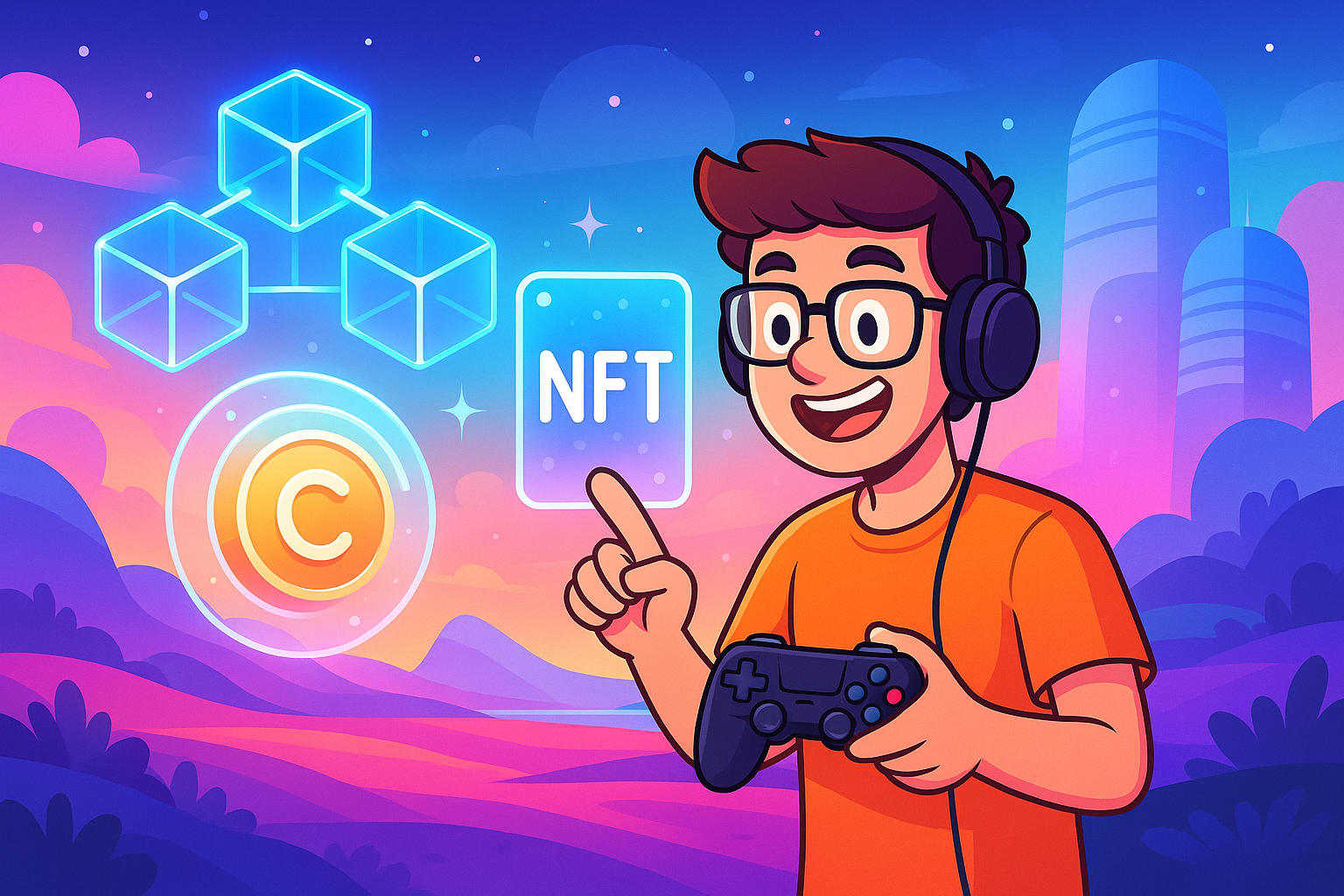 A visually stunning illustration of a futuristic gamer interacting with glowing icons representing blockchain, cryptocurrency, and NFTs.