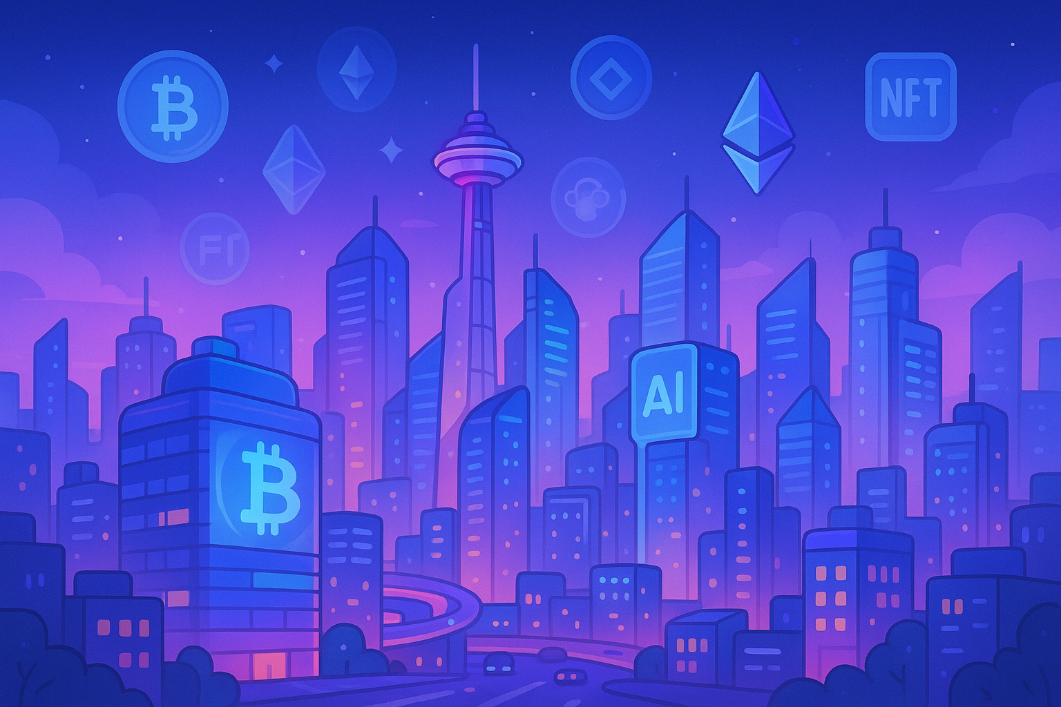 A vibrant, futuristic city skyline rendered with glassmorphism and cartoon illustration, showcasing various digital assets floating around, symbolizing a thriving P2E ecosystem.