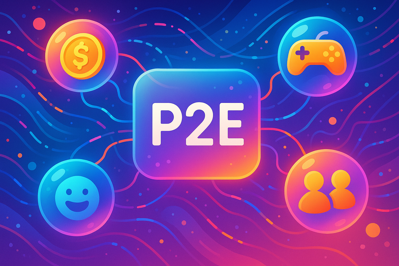 A vibrant, abstract image representing the interconnected world of P2E gaming, with glowing orbs and data streams in a glassmorphism and cartoon style.