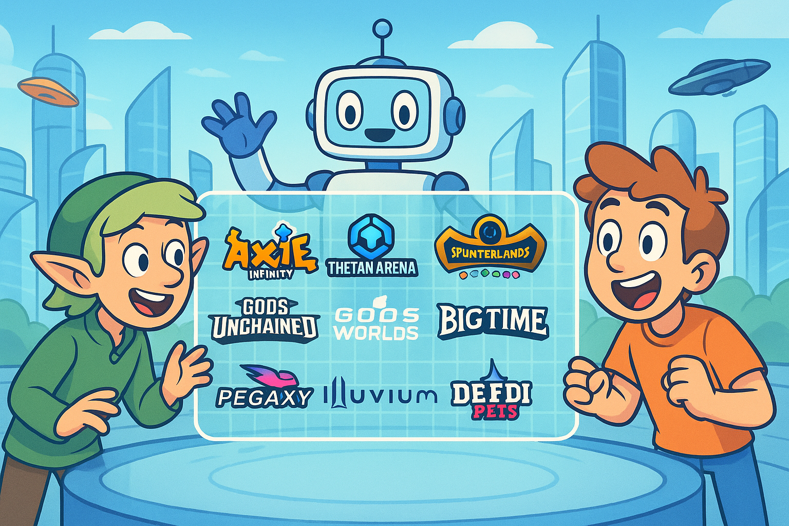 A group of diverse cartoon characters looking at a holographic screen displaying a selection of P2E game logos, with a futuristic city in the background, illustrated in a glassmorphism style.