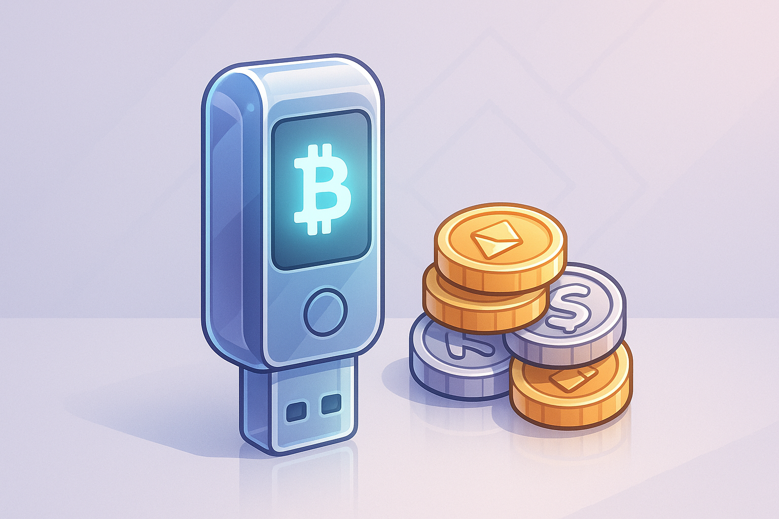 A sleek, futuristic hardware wallet resembling a USB drive, glowing with a soft light, next to a pile of gold and silver crypto coins.