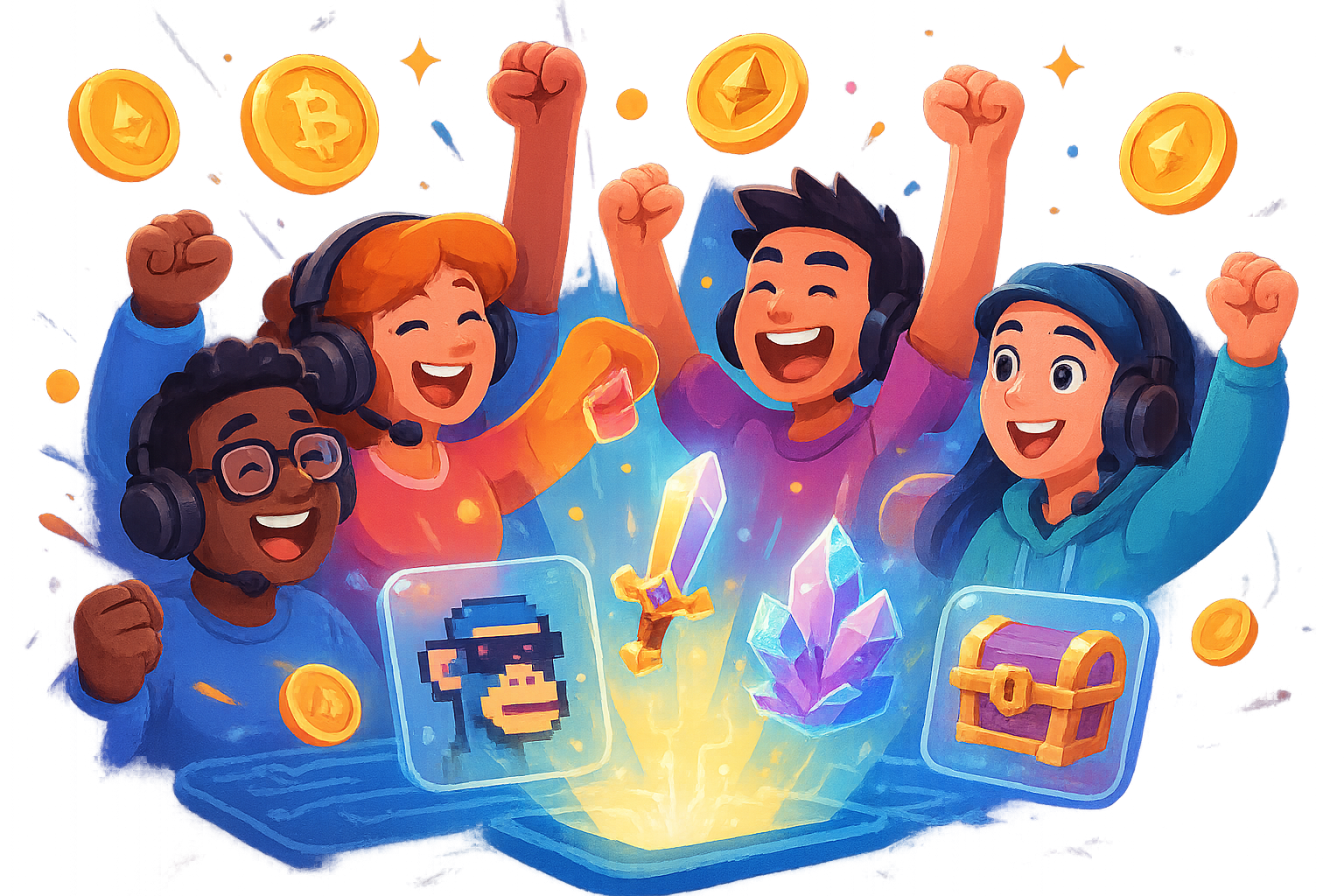 An illustration of a diverse group of gamers celebrating as they receive glowing cryptocurrency coins and unique NFT items from a fantasy-themed blockchain game.
