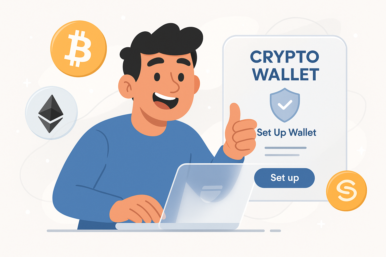 An illustration of a friendly cartoon character setting up a crypto wallet on a futuristic glassmorphic interface, with icons of popular cryptocurrencies floating around.
