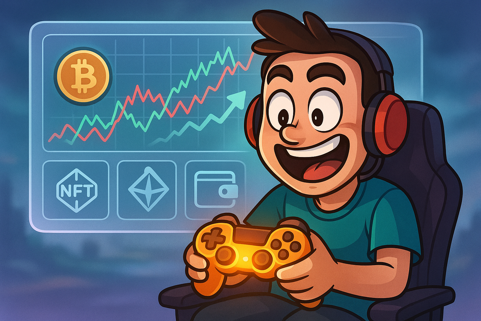 A cartoon gamer character interacting with a transparent, glassmorphism interface displaying cryptocurrency graphs and NFT icons, illustrating the transition from gameplay to earning.