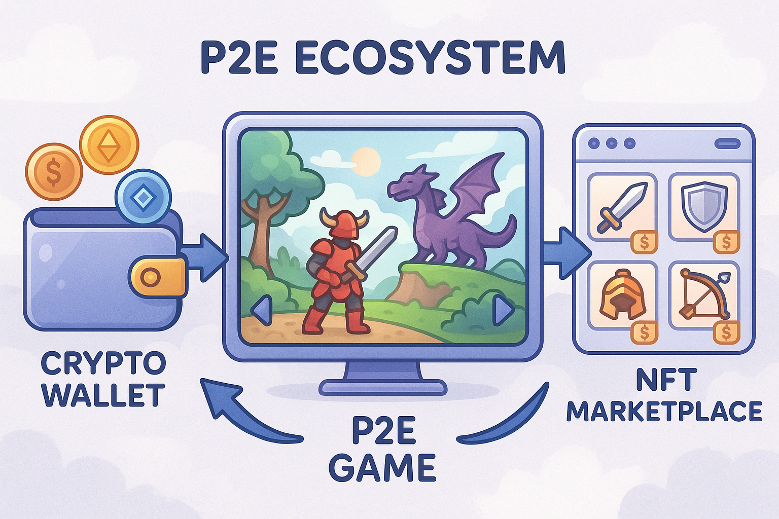 An illustrative diagram showing the interconnectedness of a crypto wallet, a P2E game interface, and an NFT marketplace, all rendered in a glassmorphism and cartoon style.