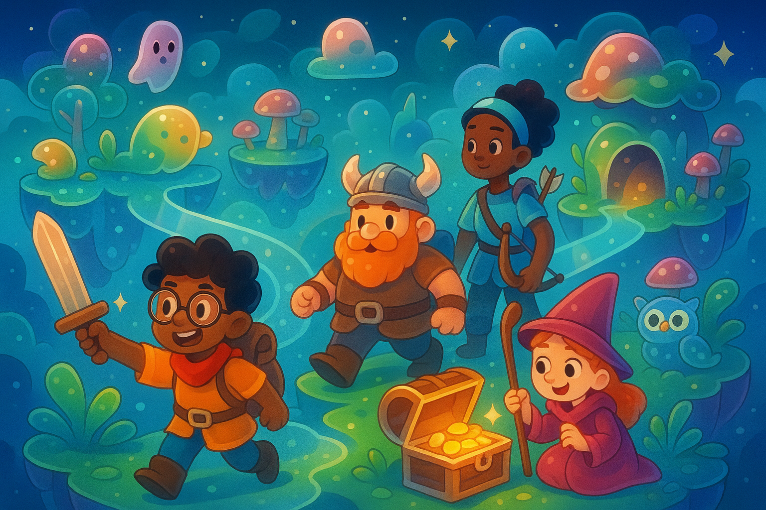 An illustration of a diverse group of cartoon characters exploring a vibrant and fantastical P2E game world filled with floating islands and strange creatures.