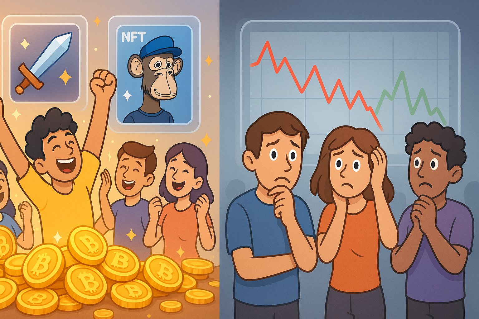 A split image showing the benefits and risks of P2E gaming. On one side, happy cartoon characters are celebrating with piles of glowing coins. On the other side, concerned characters look at a volatile, fluctuating graph, all in a glassmorphism and cartoon style.