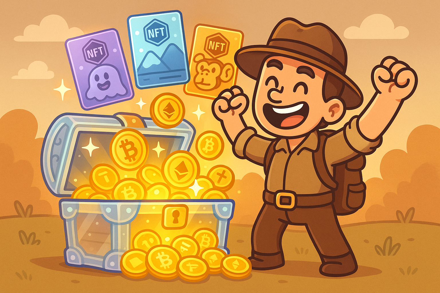 An illustration depicting a player character standing before a glowing treasure chest overflowing with cryptocurrency coins and NFT cards, symbolizing the rewards of P2E gaming.