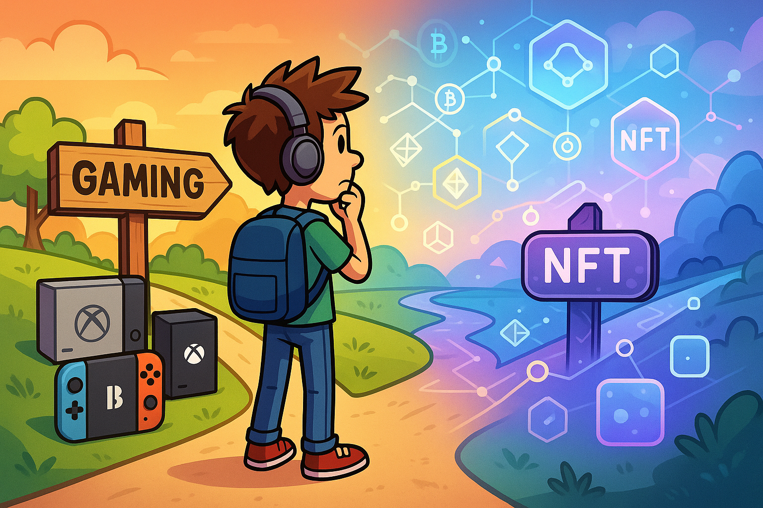 A cartoon character gamer standing at a crossroads in a digital landscape, with one path leading to traditional gaming consoles and the other to glowing blockchain symbols and NFT markets, representing the P2E transition. Rendered with glassmorphism and cartoon illustration.