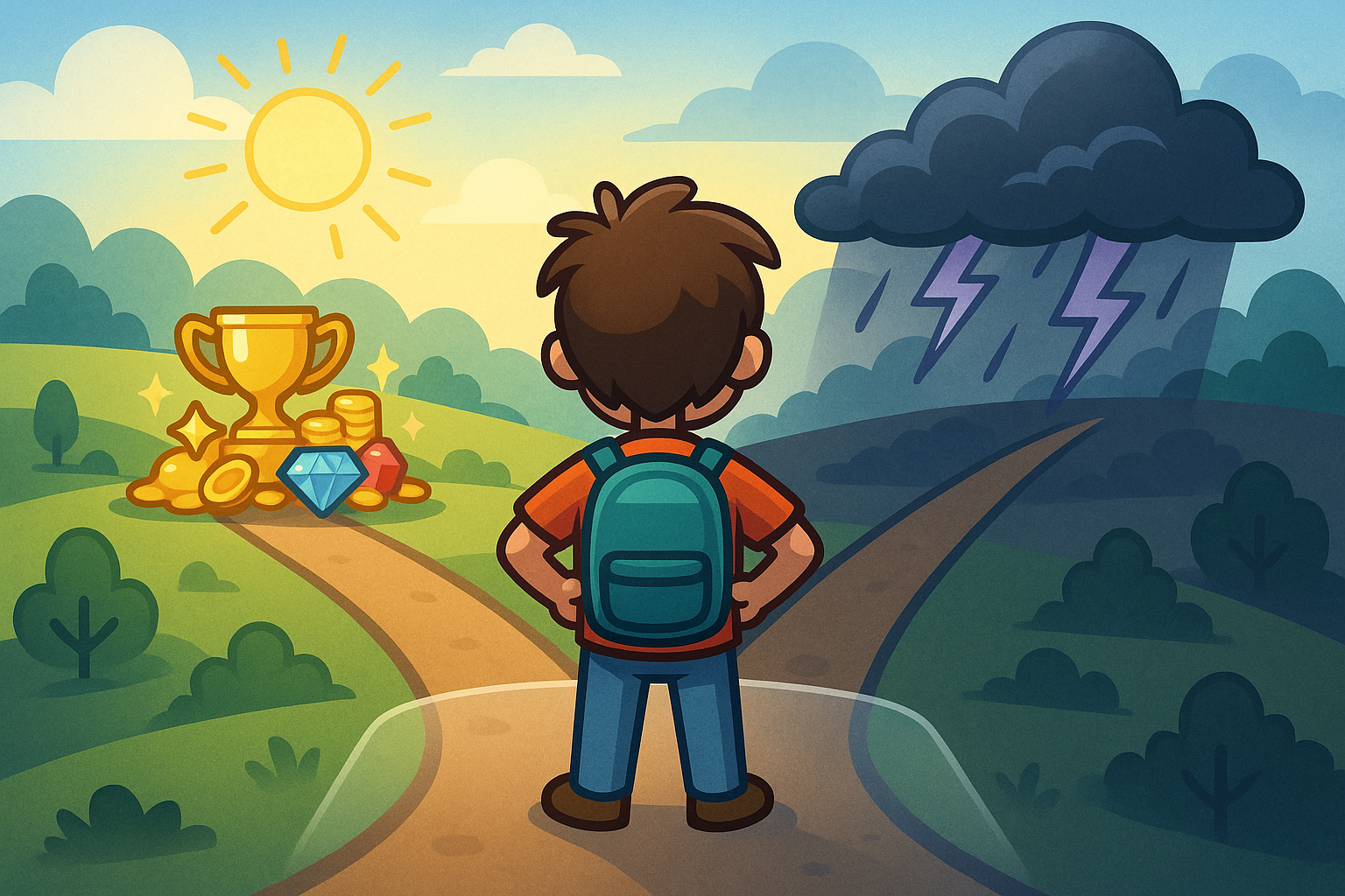 A cartoon character navigating a path with two forks, one leading to a pile of glowing treasures and the other to a stormy cloud, representing the risks and rewards of P2E gaming, with a glassmorphism design.