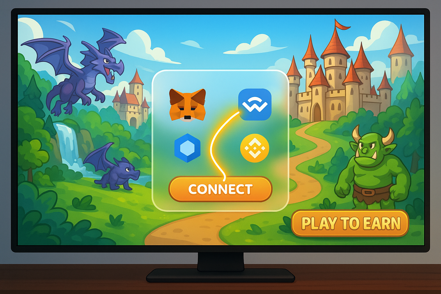 A video game screen showing a fantasy world, with a pop-up in the center displaying various crypto wallet logos, and a glowing line connecting one of the wallets to the game's interface.