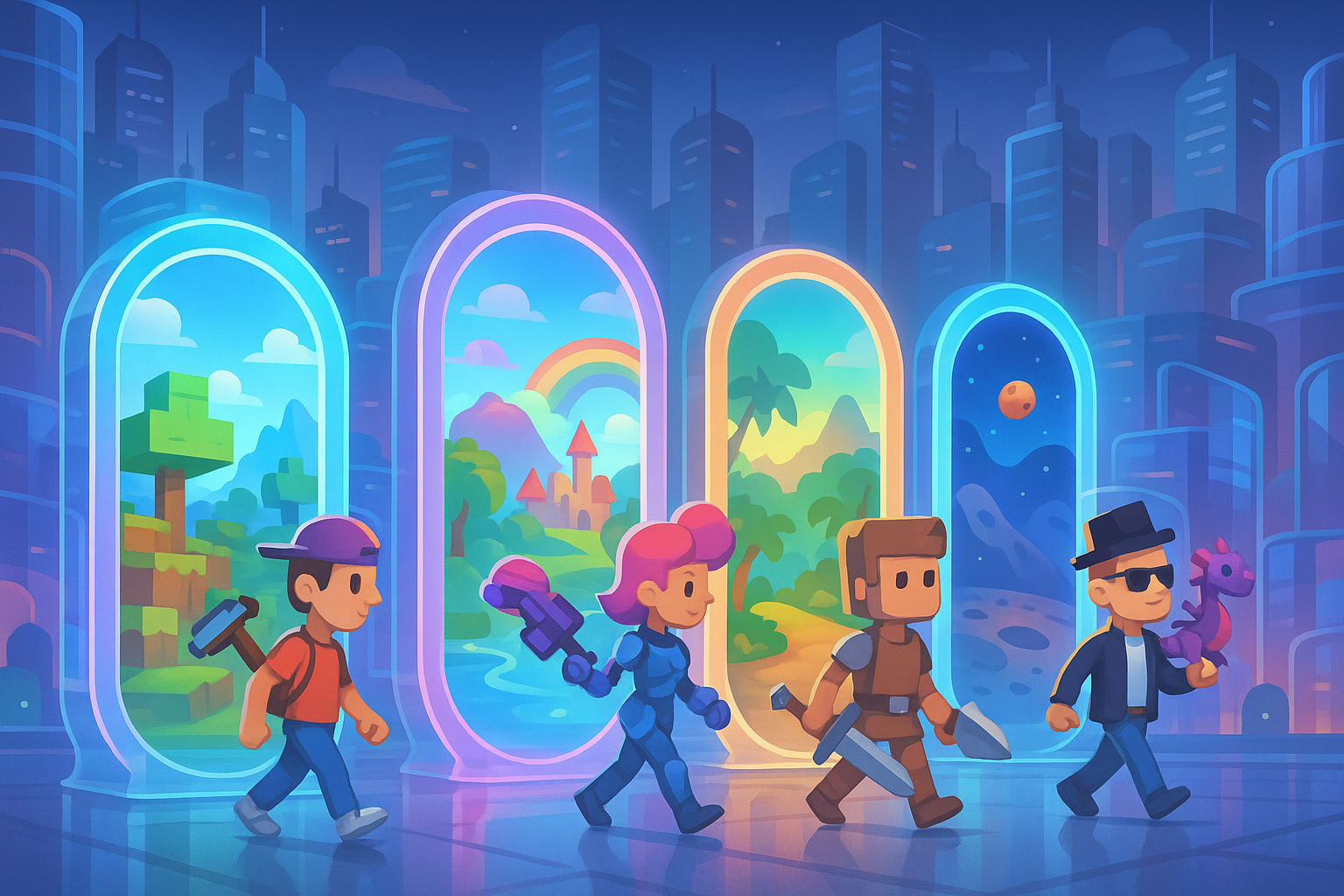 A futuristic cityscape with multiple interconnected portals, each leading to a different game world. Avatars are seen moving between these portals, carrying their unique digital assets with them.