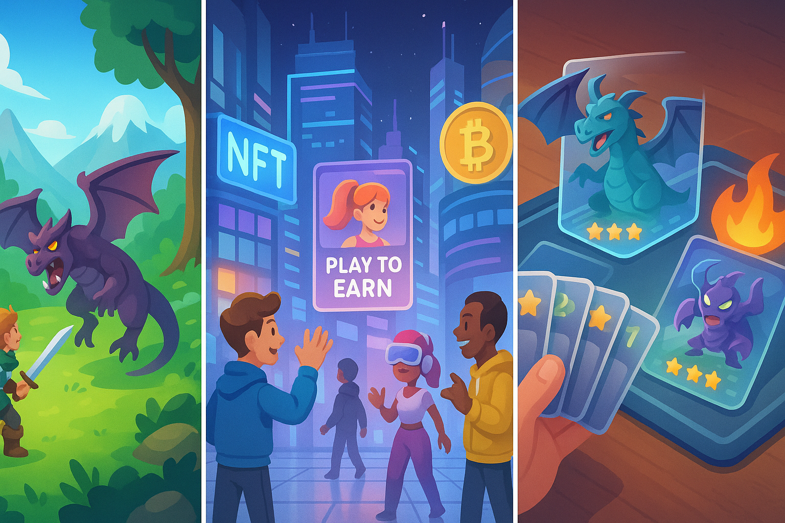 A montage of different P2E game genres, including a fantasy RPG scene, a futuristic metaverse city, and a strategic card game battle, all in a cohesive glassmorphism and cartoon illustration style.