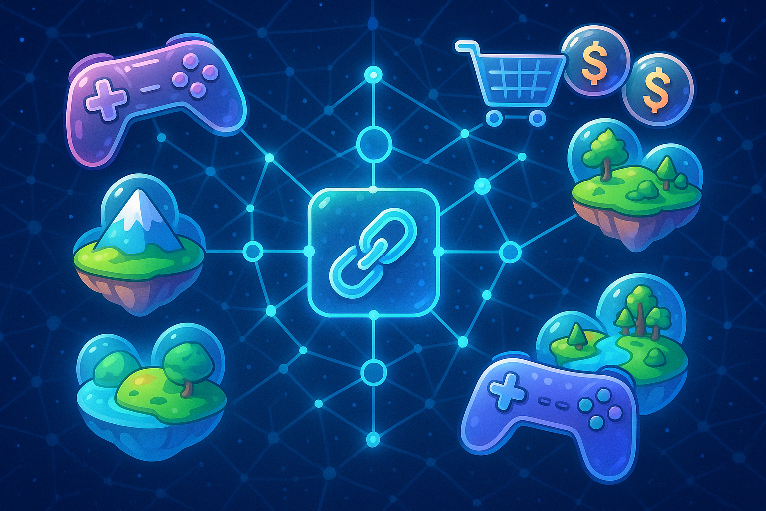 A stylized, glowing blockchain network connecting various game controllers, digital marketplaces, and virtual worlds, all rendered in a glassmorphism and cartoon style, illustrating the interoperable future of P2E.
