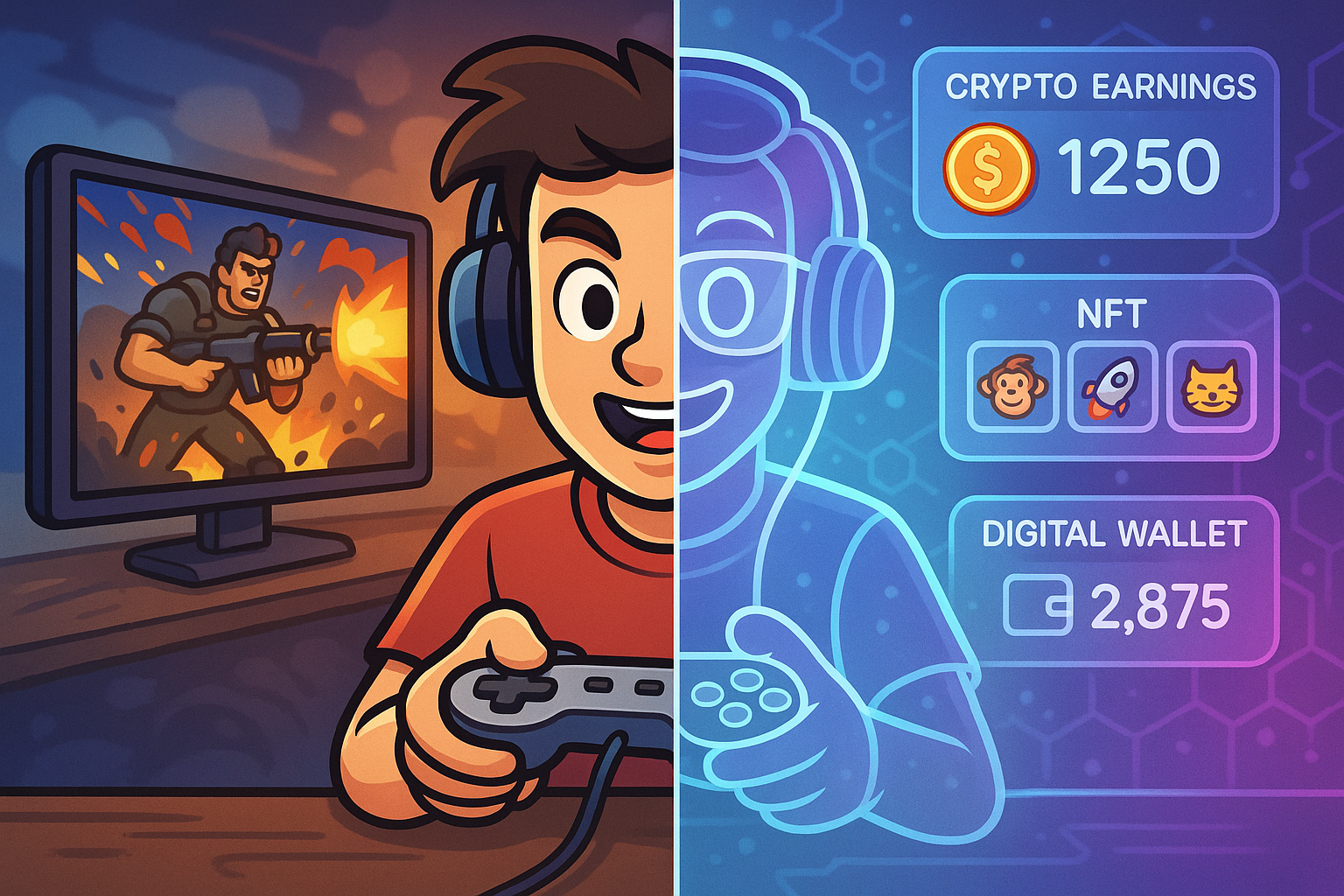A gamer character, half in a traditional gaming setup with a controller and screen, and half merged with a digital, futuristic interface displaying crypto earnings and NFT items, representing the seamless transition to P2E, with glassmorphism and cartoon illustration.