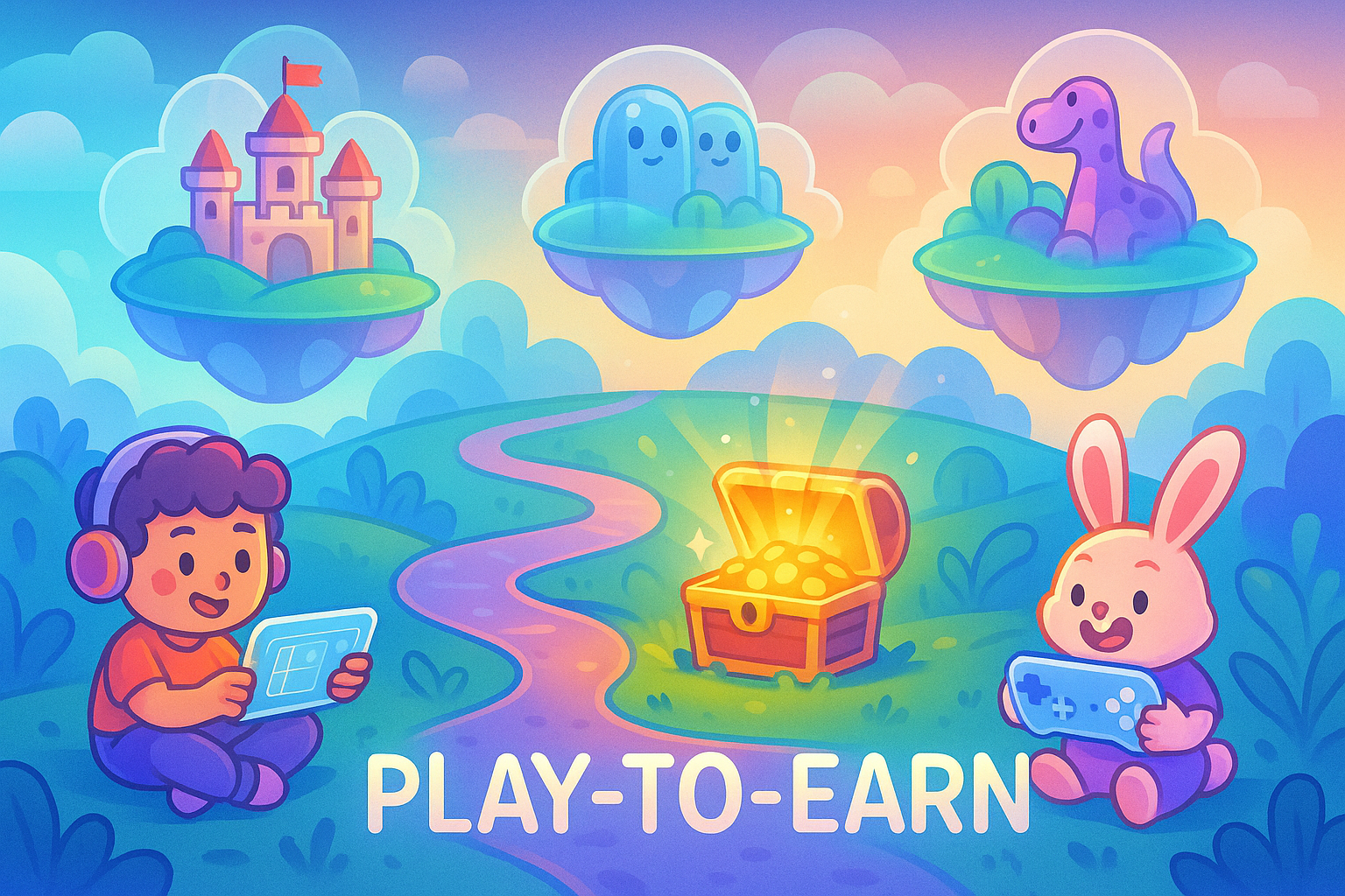 A whimsical landscape illustrating the concept of Play-to-Earn gaming, with floating islands representing different game worlds, a path leading to a glowing treasure chest, and cartoon characters playing games on futuristic devices, all rendered in glassmorphism and cartoon illustration styles.