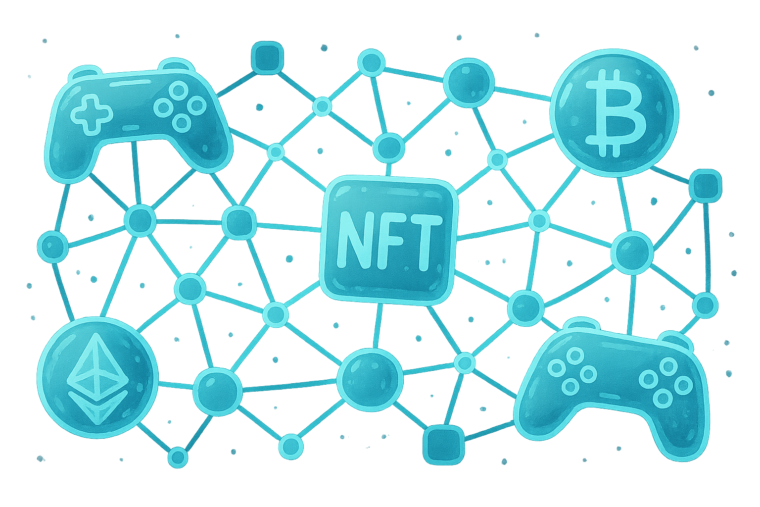 A stylized, glowing blockchain network connecting various game controllers, cryptocurrency symbols, and NFT icons, illustrating the underlying technology of P2E games with a glassmorphism and cartoon illustration blend.