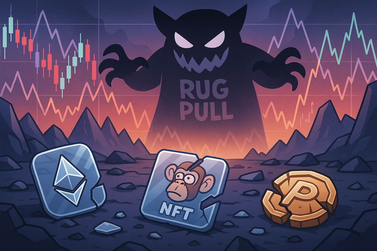 A perilous landscape with jagged crypto charts, a looming shadow of a 'rug pull' monster, and scattered broken NFT items, representing the risks and volatility of the P2E market, in a glassmorphism and cartoon illustration style.
