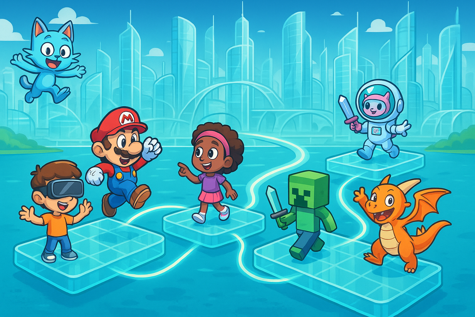 A futuristic city skyline with interconnected gaming platforms and diverse characters interacting across different virtual worlds, symbolizing the future of Web3 gaming and interoperability, with glassmorphism and cartoon illustration elements.