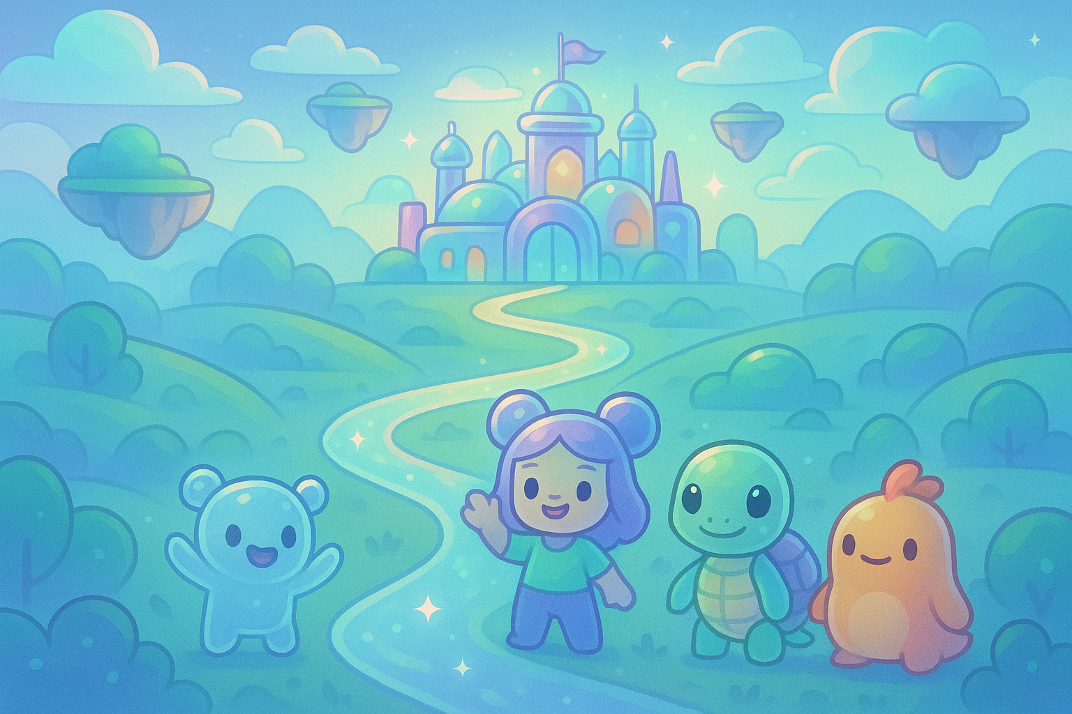 A whimsical landscape blending glassmorphism and cartoon styles, featuring a path leading towards a vibrant, futuristic city with floating islands and friendly game characters, symbolizing easy entry into P2E gaming.