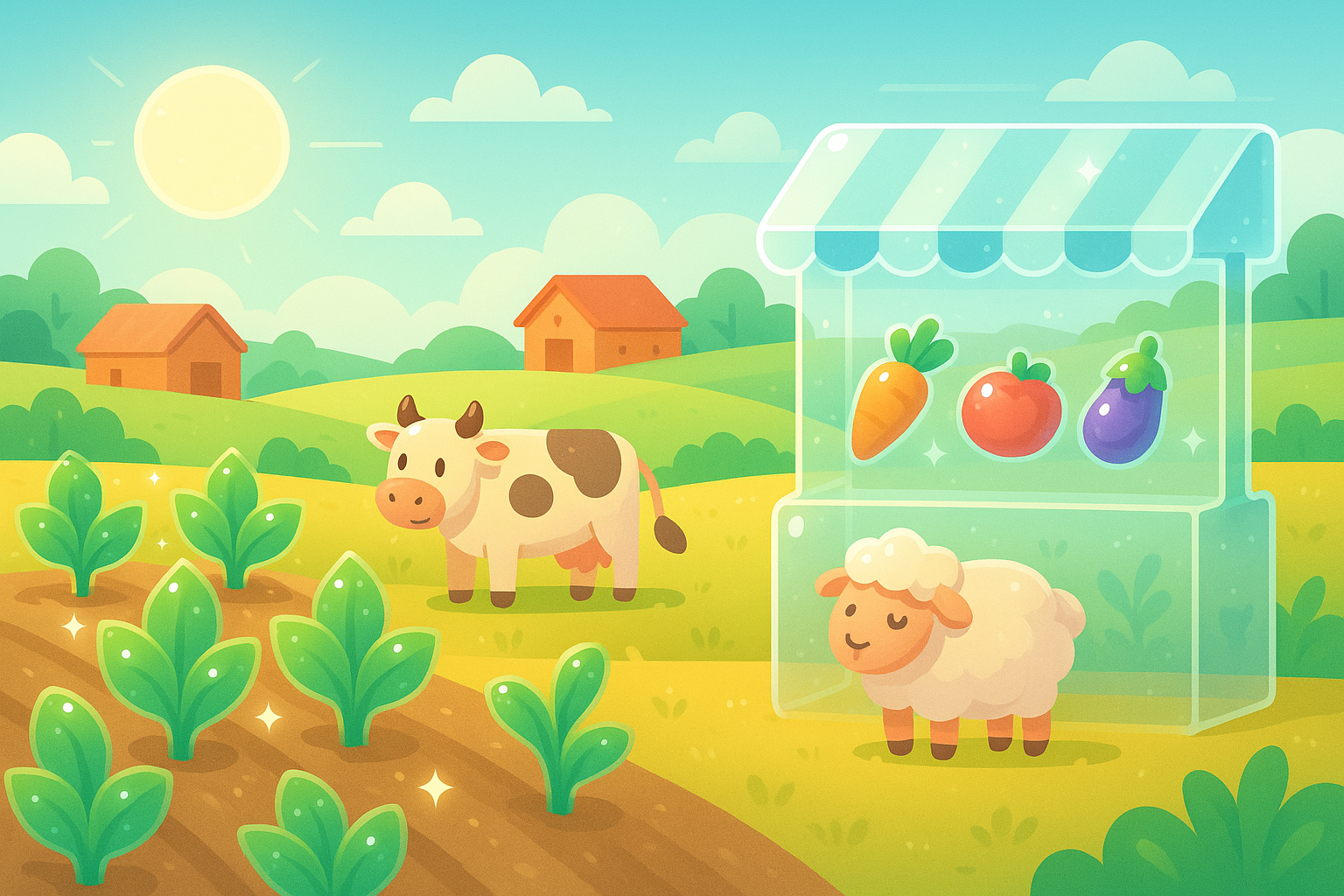 A vibrant, cartoonish farm landscape with glassmorphism elements, showing animated crops, happy farm animals, and a sparkling marketplace stall, all under a clear blue sky, illustrating the ease of Harvest Haven.