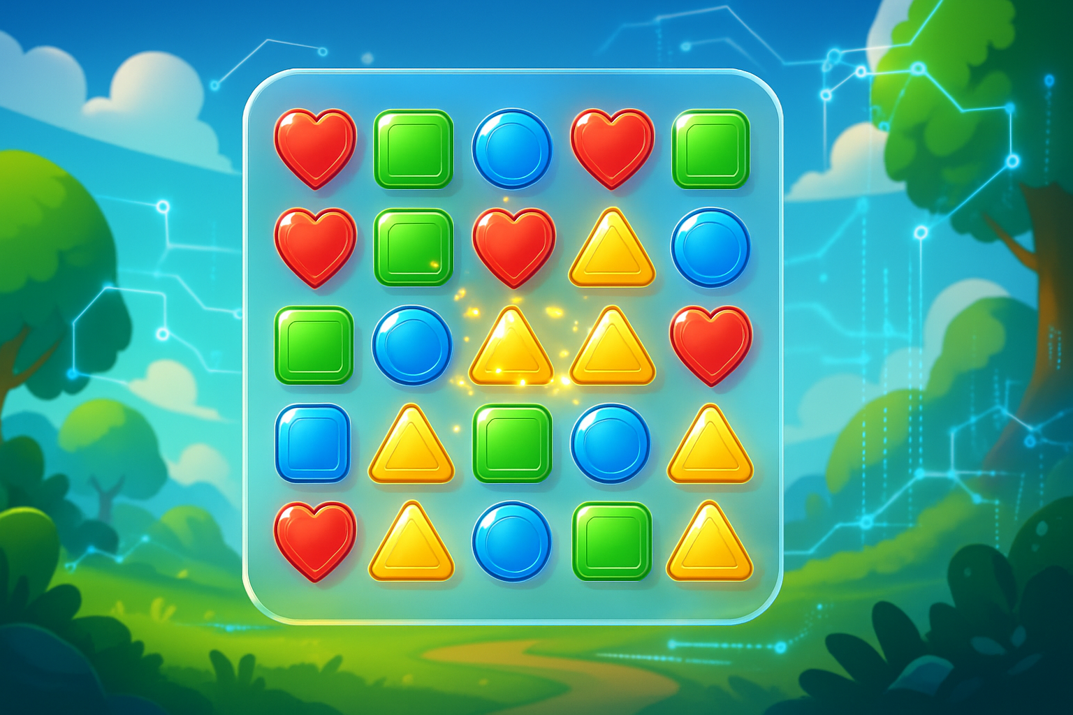 A dynamic puzzle game screen with glassmorphism effects, showing brightly colored tiles matching and exploding, surrounded by subtle blockchain motifs, set against a fun, cartoon background, representing Crypto Tiles.