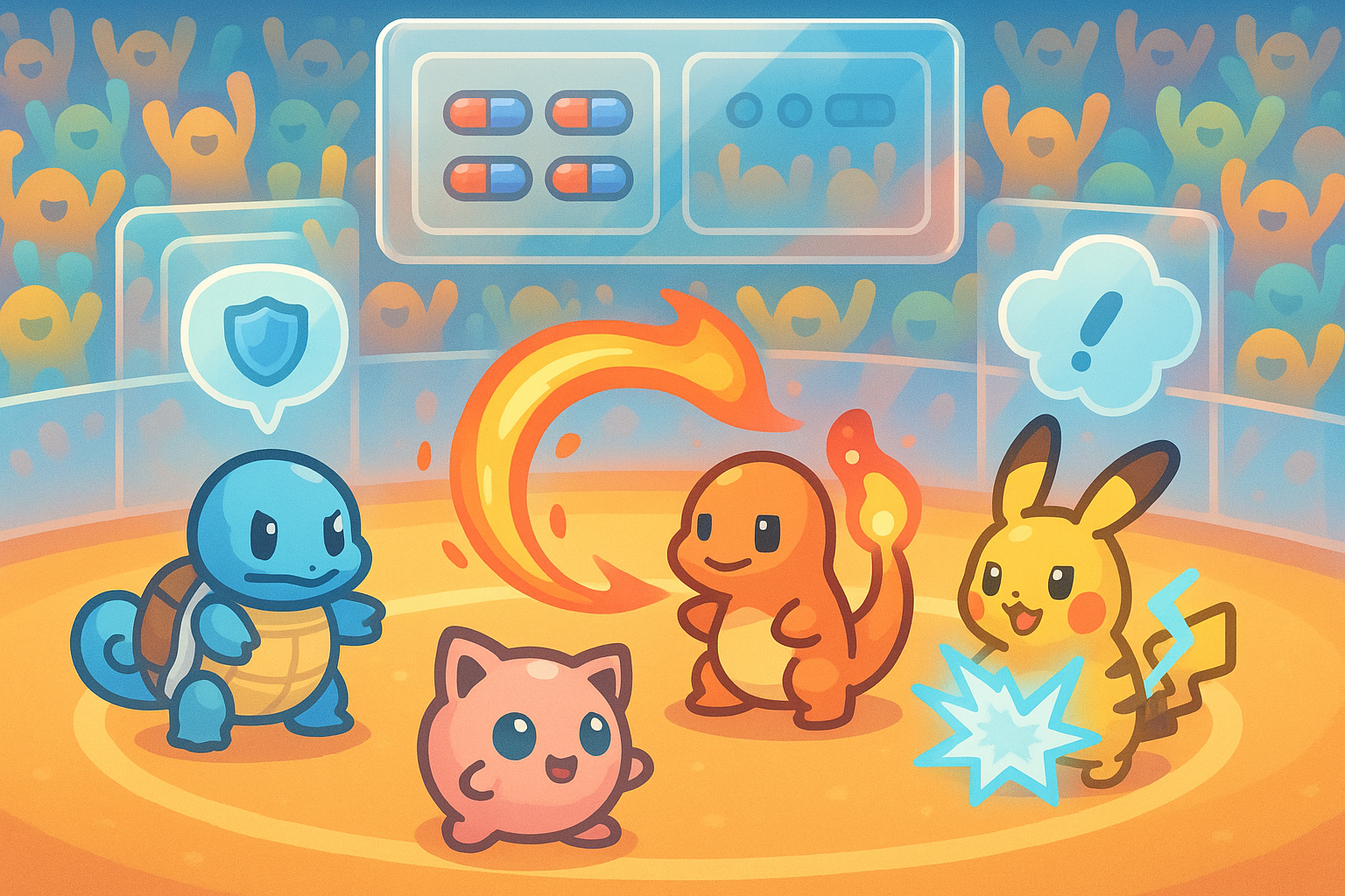 A cartoon arena setting with glassmorphism elements, featuring cute pixelated creatures battling in a friendly, automated fashion, surrounded by a vibrant audience, symbolizing Pixel Pals Arena's easy combat.