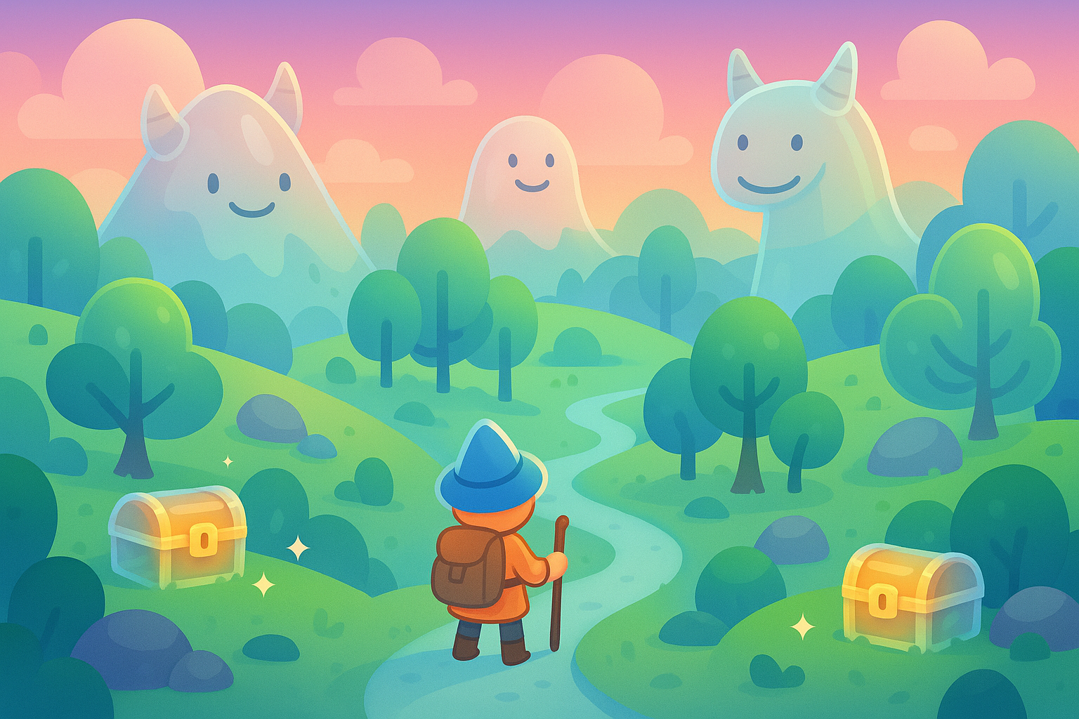 A fantastical cartoon landscape with glassmorphism elements, showing a lone adventurer character exploring a lush, stylized world with friendly monsters and sparkling treasure chests, depicting Blockchain Odyssey.
