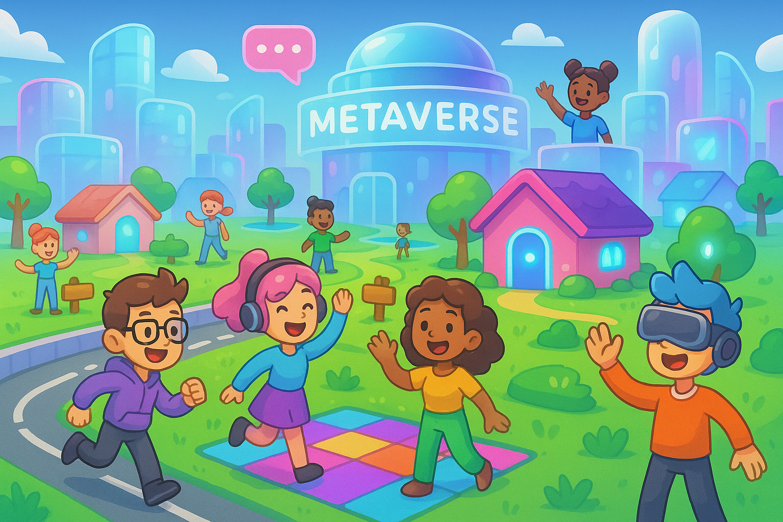 A lively cartoon metaverse landscape with glassmorphism buildings and avatars interacting, featuring colorful virtual plots, customizable homes, and mini-games in progress, illustrating Metaverse Manor.