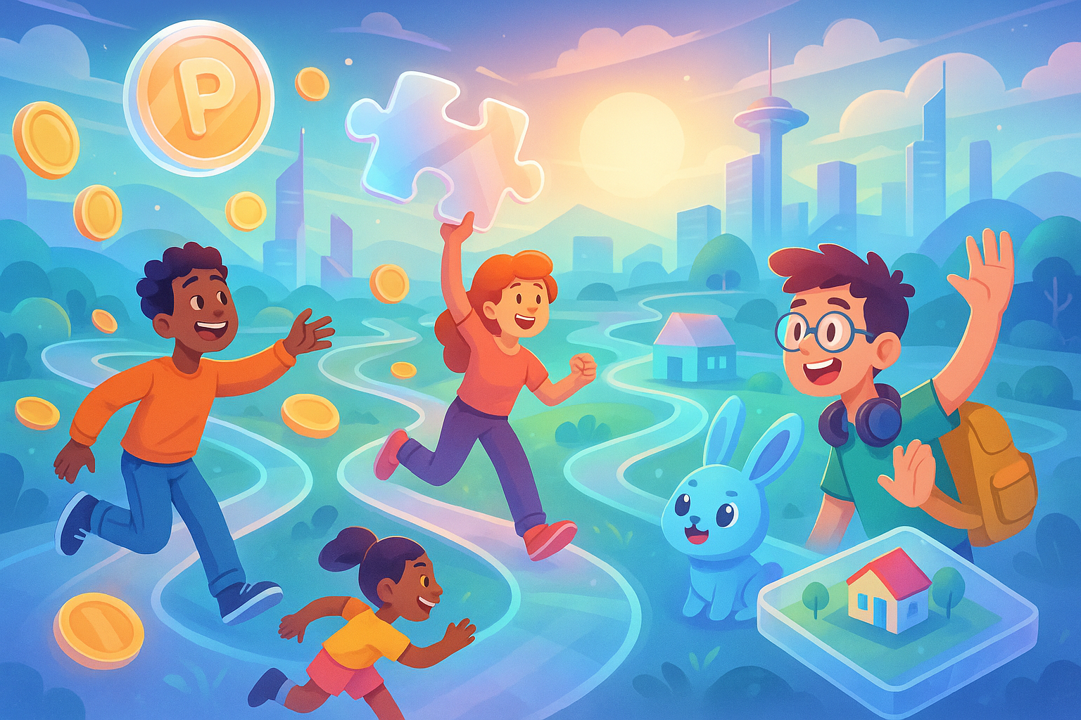 A stylized, futuristic landscape with glassmorphism elements, showing diverse cartoon characters joyfully interacting with various P2E game elements like floating coins, puzzle pieces, and digital pets, symbolizing the bright and accessible future of P2E gaming.