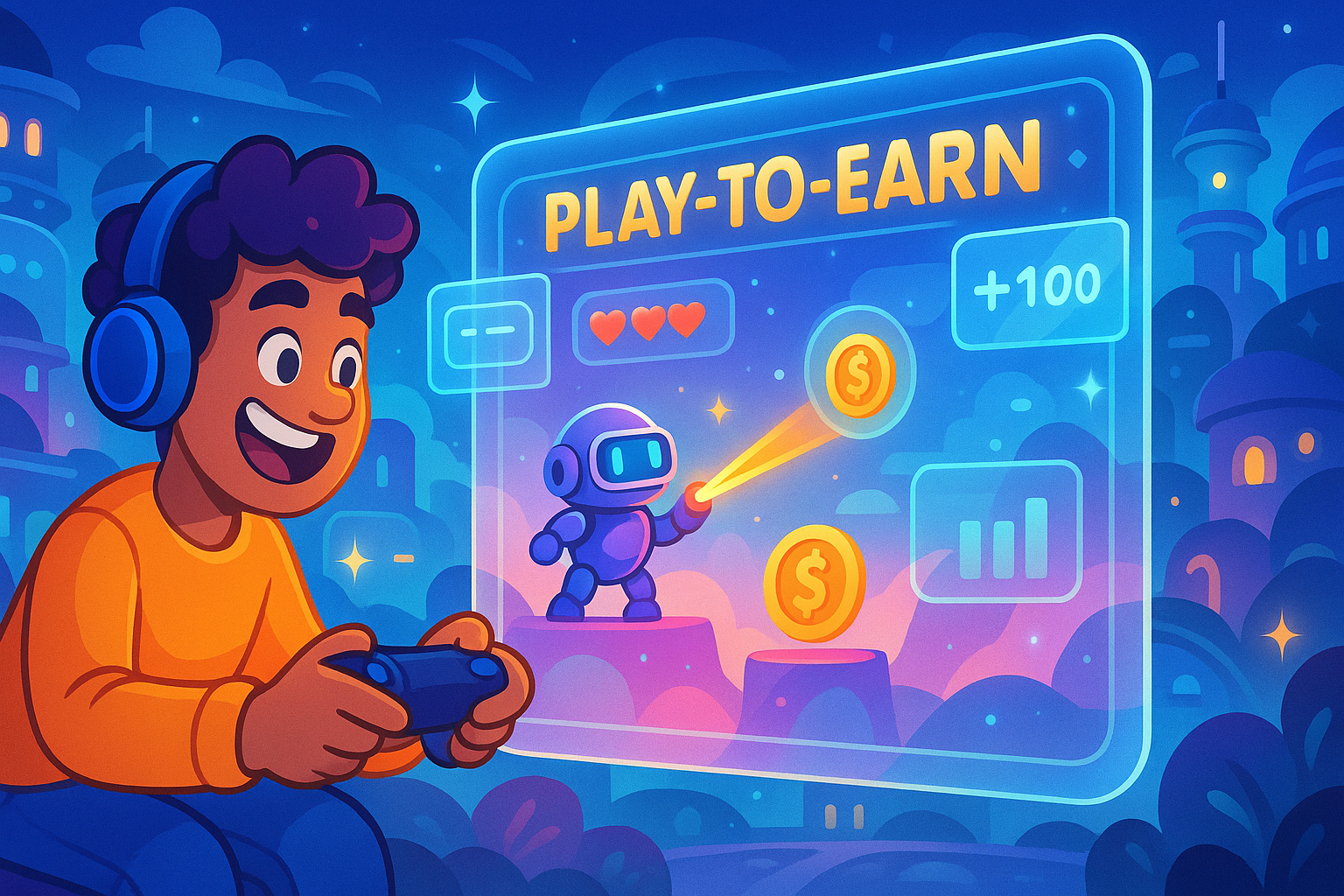 A cartoon-style illustration of a balanced scale with glassmorphism elements. One side glows with 'Fun' represented by a joyful gaming controller, while the other side holds 'Earn' symbolized by glowing digital coins and an NFT. A smaller, transparent 'Expectations' weight rests gently in the middle, signifying realism. The background is a soft, dreamlike digital gradient.