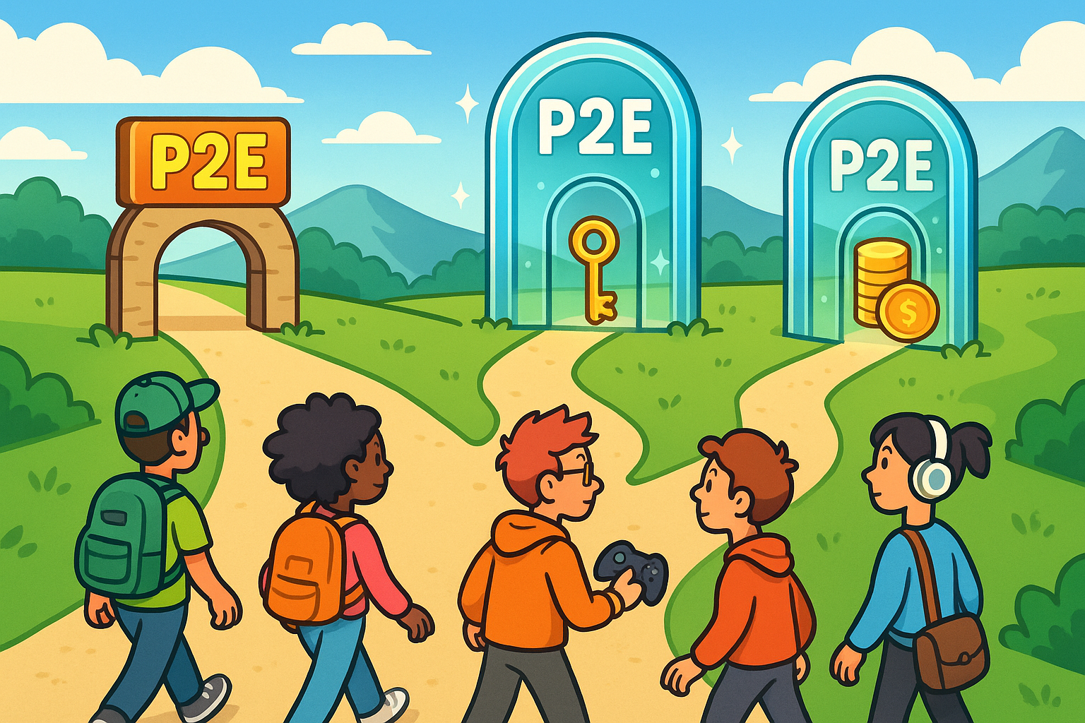 A cartoon-style landscape showing multiple paths leading to different P2E game entrances. Some paths are wide and open (low entry barrier), while others have glowing glassmorphism gates and require digital keys or significant investment symbols (high entry barrier). A diverse group of stylized gamers approaches, choosing their paths.