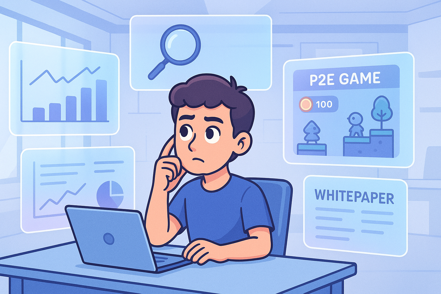 An abstract, cartoon-style illustration of a balanced game economy, depicted as a set of glowing glassmorphism gears turning smoothly, with arrows representing token flow in and out. One side shows 'supply' mechanisms, the other 'demand' mechanisms, all contributing to a stable, floating digital ecosystem.