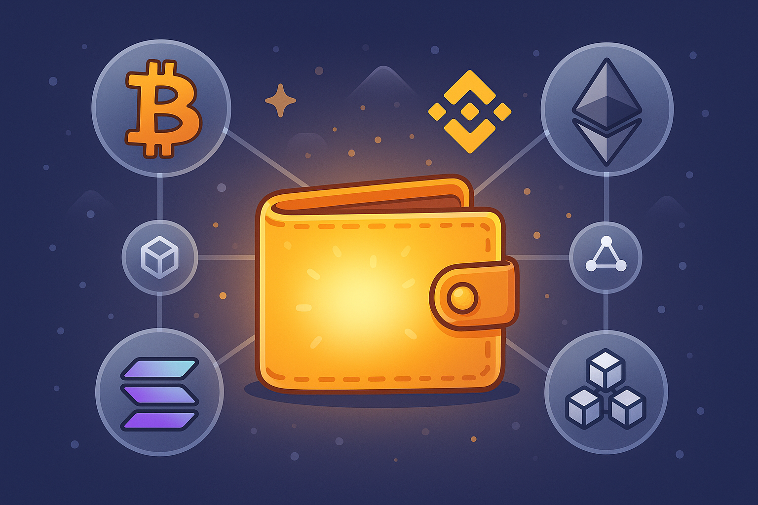A cartoon illustration of a glowing cryptocurrency wallet with various crypto symbols floating around it, connected by glassmorphism lines to different blockchain network icons. Landscape format.