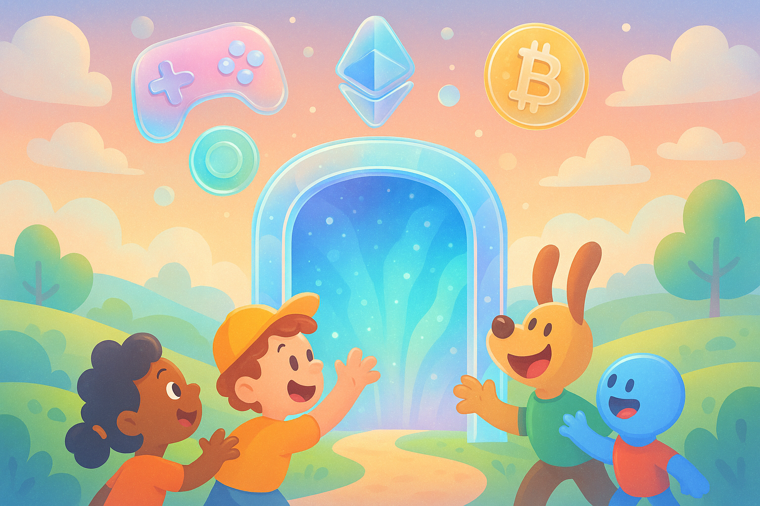 A whimsical landscape illustration blending glassmorphism and cartoon styles, showing a diverse group of cartoon characters excitedly entering a vibrant, futuristic digital portal, symbolizing the gateway to the P2E world. Above them, floating abstract elements like crypto symbols and game controllers are visible.