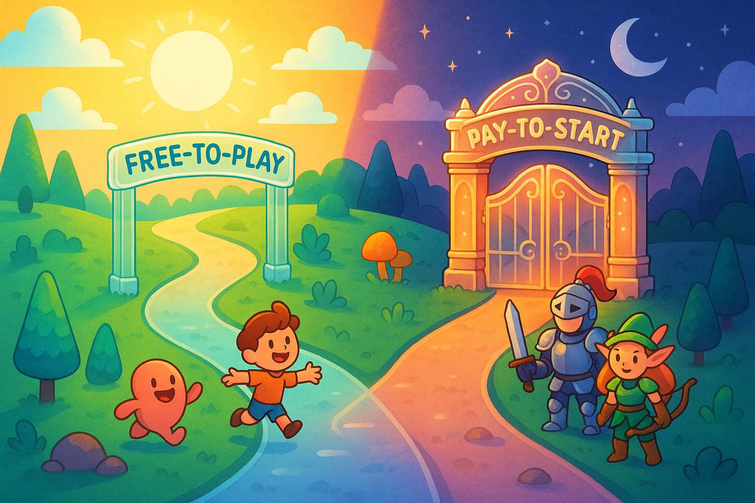 A whimsical landscape illustrating the intersection of two distinct paths: one marked 'Free-to-Play' with open gates and simple, cheerful characters, and another marked 'Pay-to-Start' with more intricate, glowing gates and detailed, armored characters. The scene uses glassmorphism for the paths and gates, and cartoon illustration for the characters and surrounding fantasy environment, under a sky split into sunny and twilight halves, symbolizing choice.