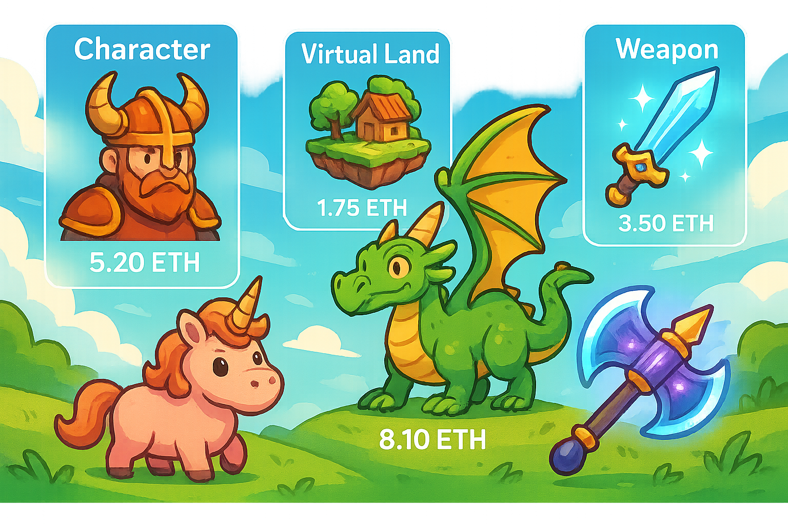 A vibrant cartoon scene depicting various fantasy-style NFT game assets like character avatars, mythical creatures, land plots, and glowing weapons, all integrated with glassmorphism UI elements showing their value. Landscape format.
