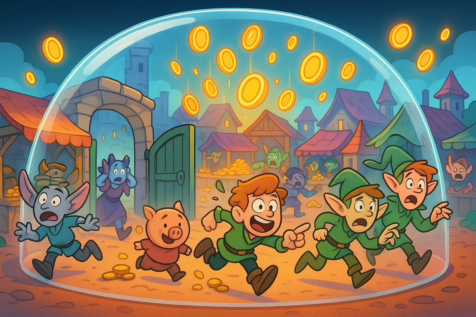 A cartoon illustration of a bustling, somewhat chaotic fantasy marketplace under a glassmorphism dome. Many different animated characters are rushing through open gates, some looking excited, others overwhelmed. In the background, glowing digital tokens are visibly being generated, with some characters having small, dwindling piles of tokens. The overall feeling suggests high activity but potential instability, with a blend of vibrant colors and transparent, futuristic elements.