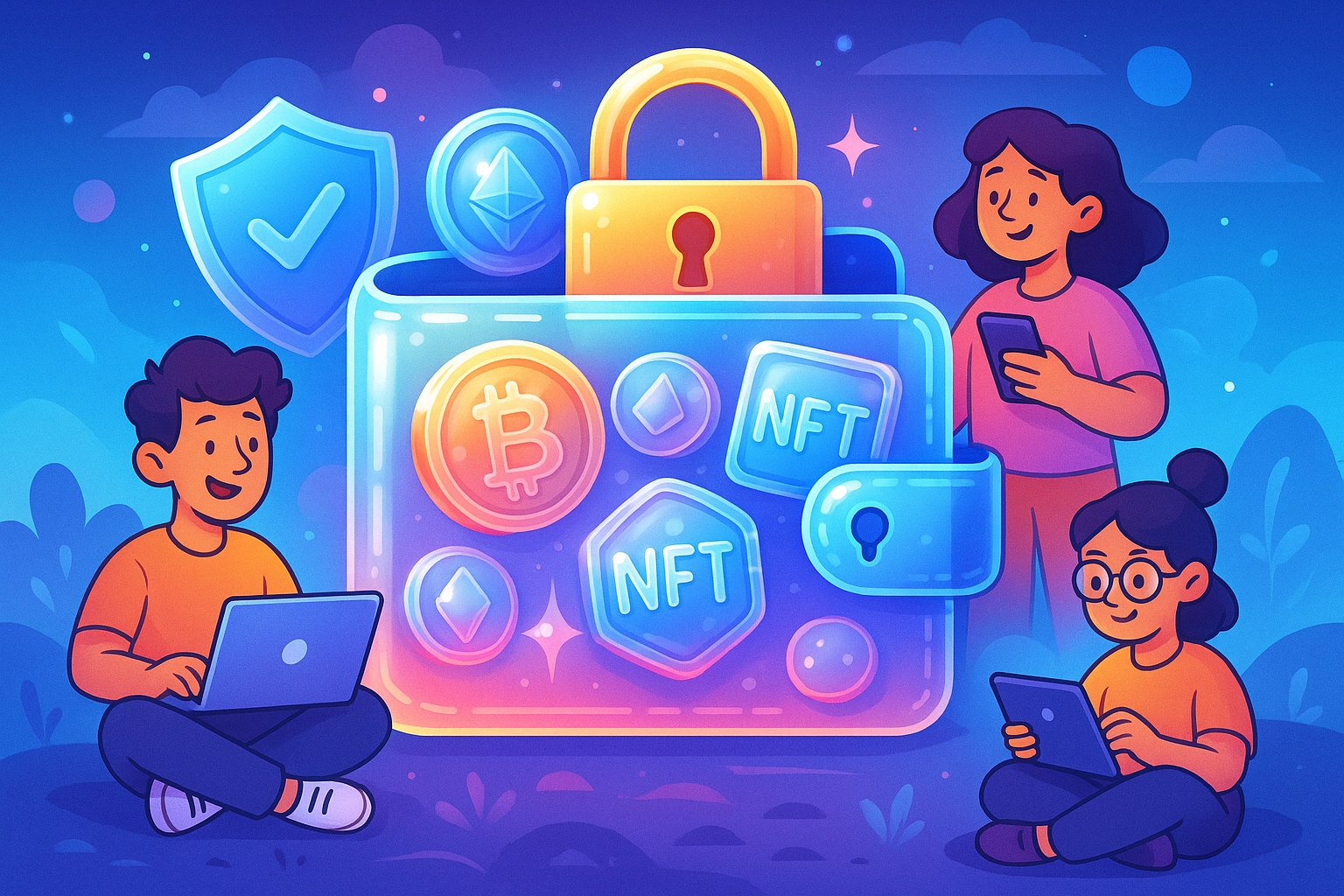 A cartoon illustration with glassmorphism elements depicting a glowing, secure digital wallet icon. Inside, various crypto coins and NFT symbols are shown. Around it, cartoon characters are interacting with the wallet on their devices, with protective shields and a padlock emphasizing security.