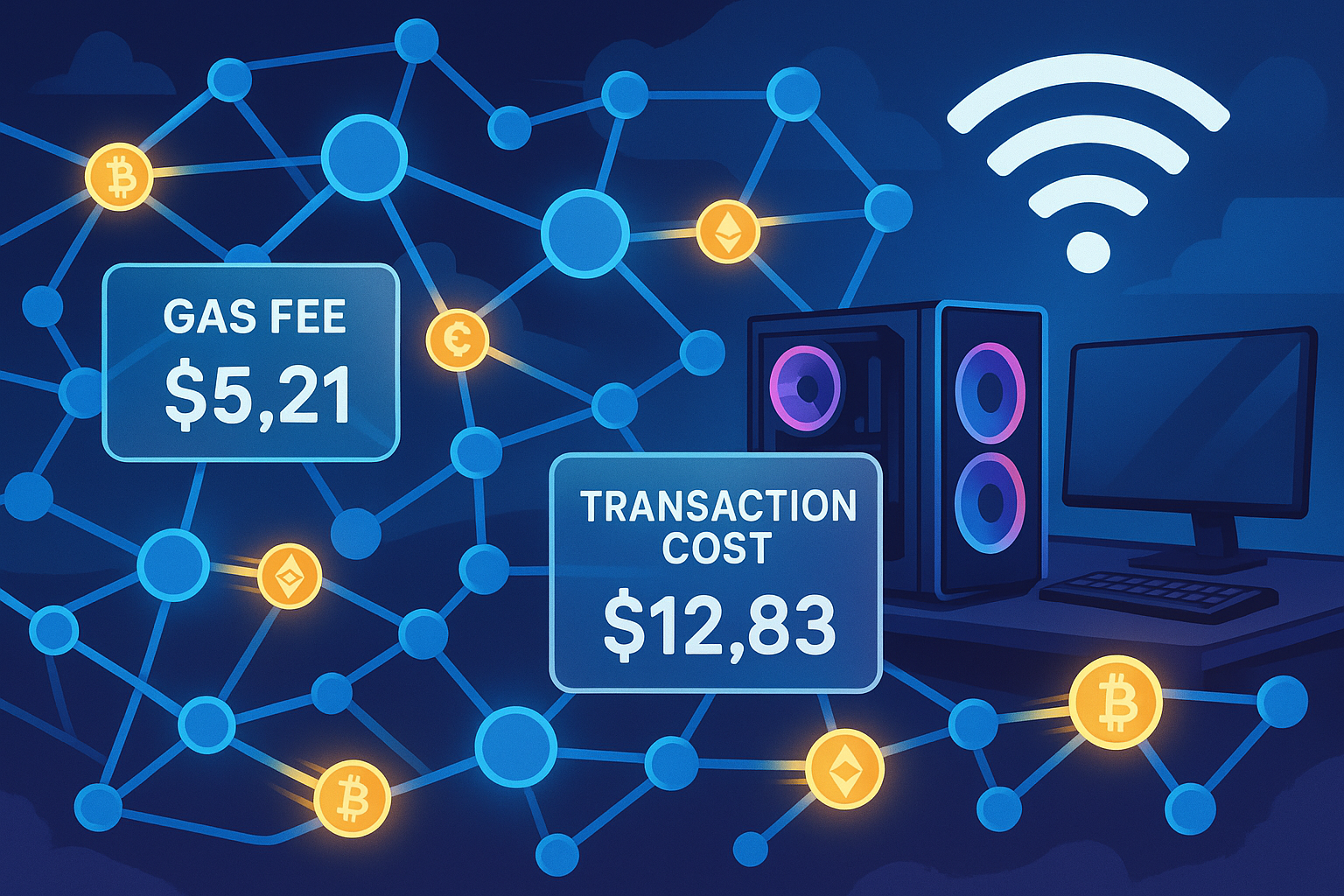 A stylized cartoon network of blockchain transactions, with small glowing cryptocurrency icons moving between nodes, enveloped in transparent glassmorphism UI elements showing 'Gas Fee' and 'Transaction Cost'. In the background, a modern gaming PC and stable Wi-Fi symbol. Landscape format.