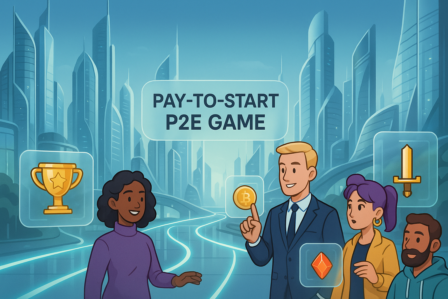 A sophisticated, futuristic cityscape representing a Pay-to-Start P2E game. Tall, elegant buildings with glassmorphism elements rise towards a clear sky, connected by glowing pathways. Characters are depicted as diverse, well-designed cartoon avatars, confidently interacting with holographic interfaces and displaying unique, valuable-looking digital assets. The atmosphere is one of exclusive innovation and high-value interactions.