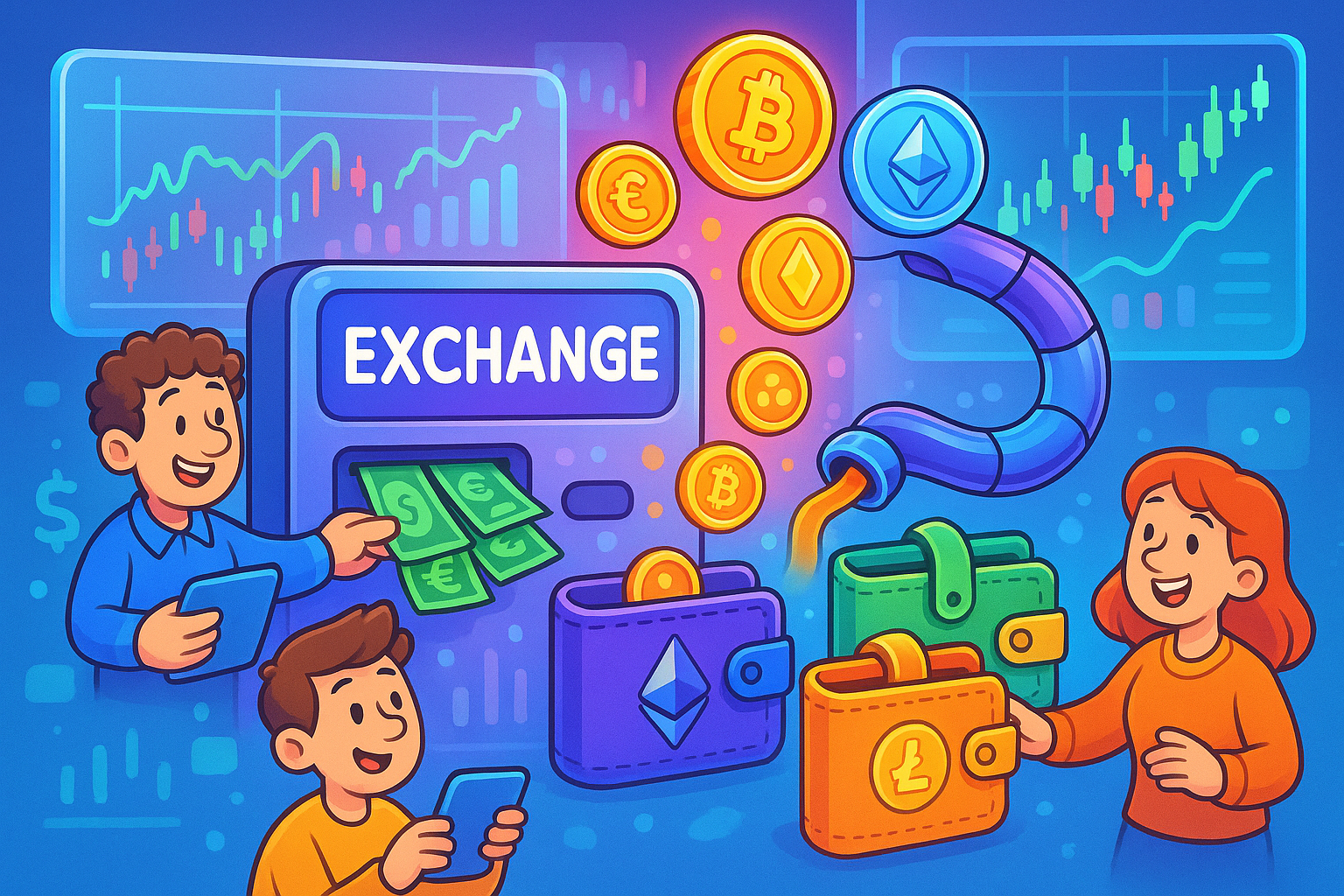 A vibrant glassmorphism and cartoon illustration of a bustling crypto exchange. On one side, fiat currencies are being exchanged for glowing crypto coins. On the other, these coins are flowing through a digital pipeline into various distinct crypto wallets, emphasizing the transfer process. Animated charts and trading graphs are in the background.