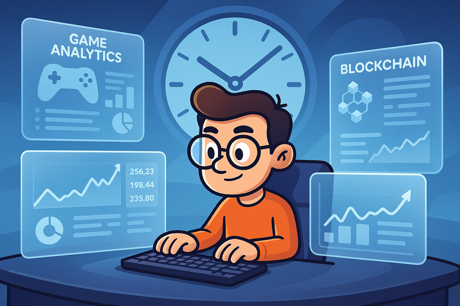A cartoon character sits at a desk, surrounded by floating screens displaying game analytics, market charts, and blockchain information, all rendered with glassmorphism UI elements. A clock in the background emphasizes time investment. Landscape format.