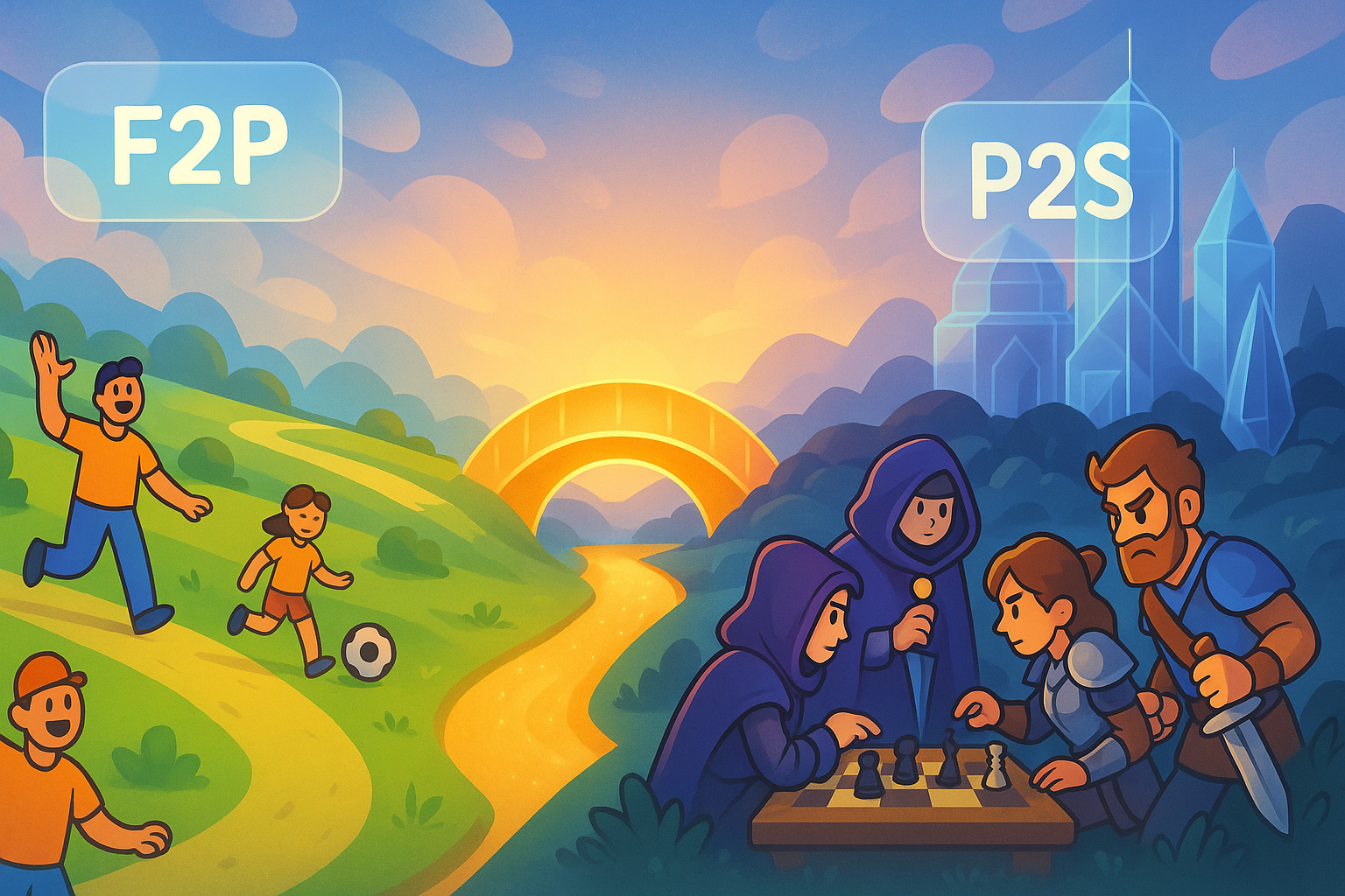 A dynamic landscape showcasing a blend of F2P and P2S elements. On one side, open, inviting pathways with simplified cartoon characters enjoying light activities, under a glassmorphism sky. On the other, more structured, deeper game zones with intricate glassmorphism structures and detailed cartoon avatars engaged in strategic play. A central, glowing bridge connects these two realms, symbolizing hybrid models and the evolving future of P2E, with a warm, inviting glow.
