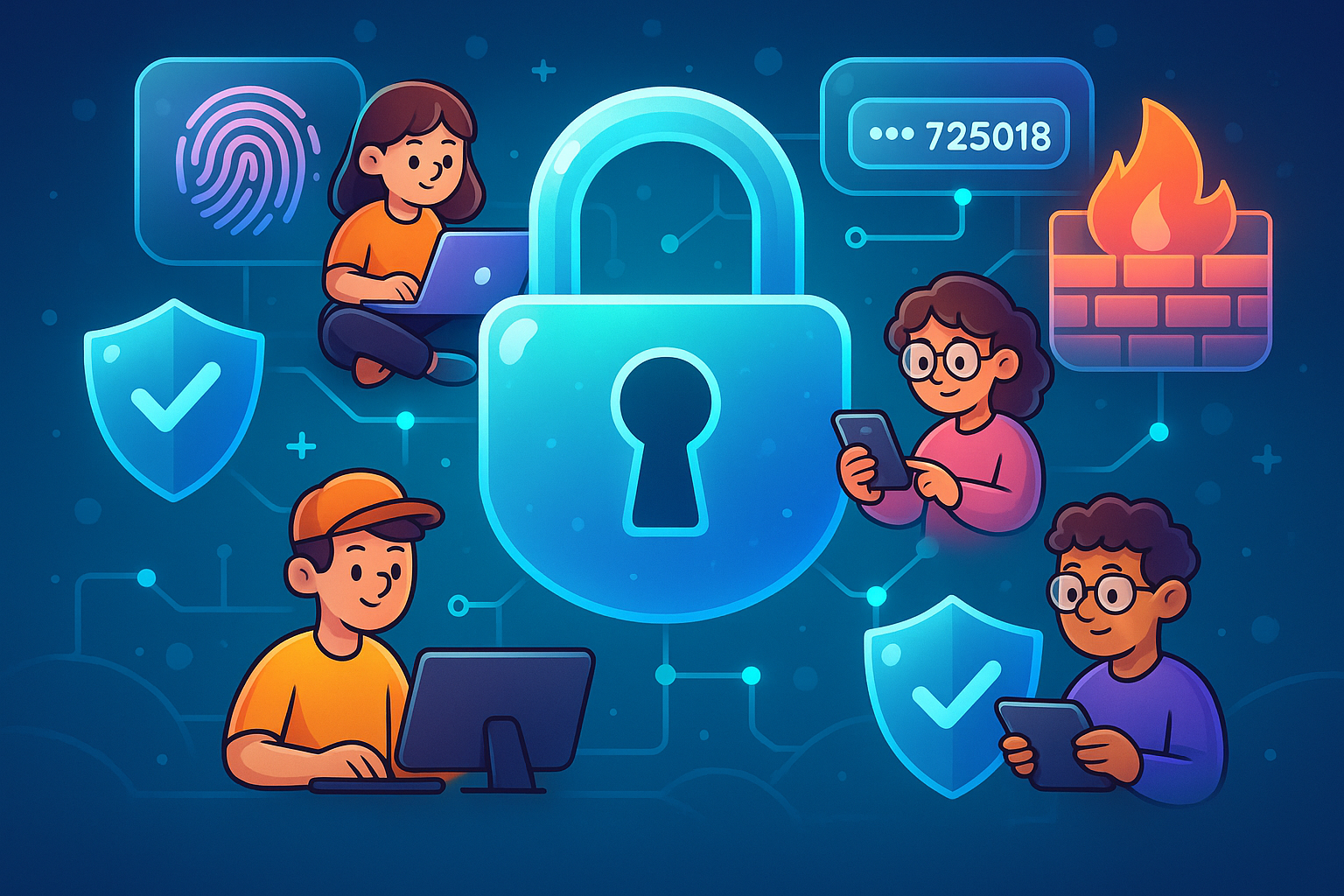 A high-tech, glassmorphism and cartoon style illustration of digital security. A large, glowing padlock is at the center, surrounded by various cartoon characters diligently using their devices, each protected by a personal shield. Elements like fingerprint scanners, 2FA codes, and network firewalls are integrated into the scene, emphasizing digital protection in the P2E space.