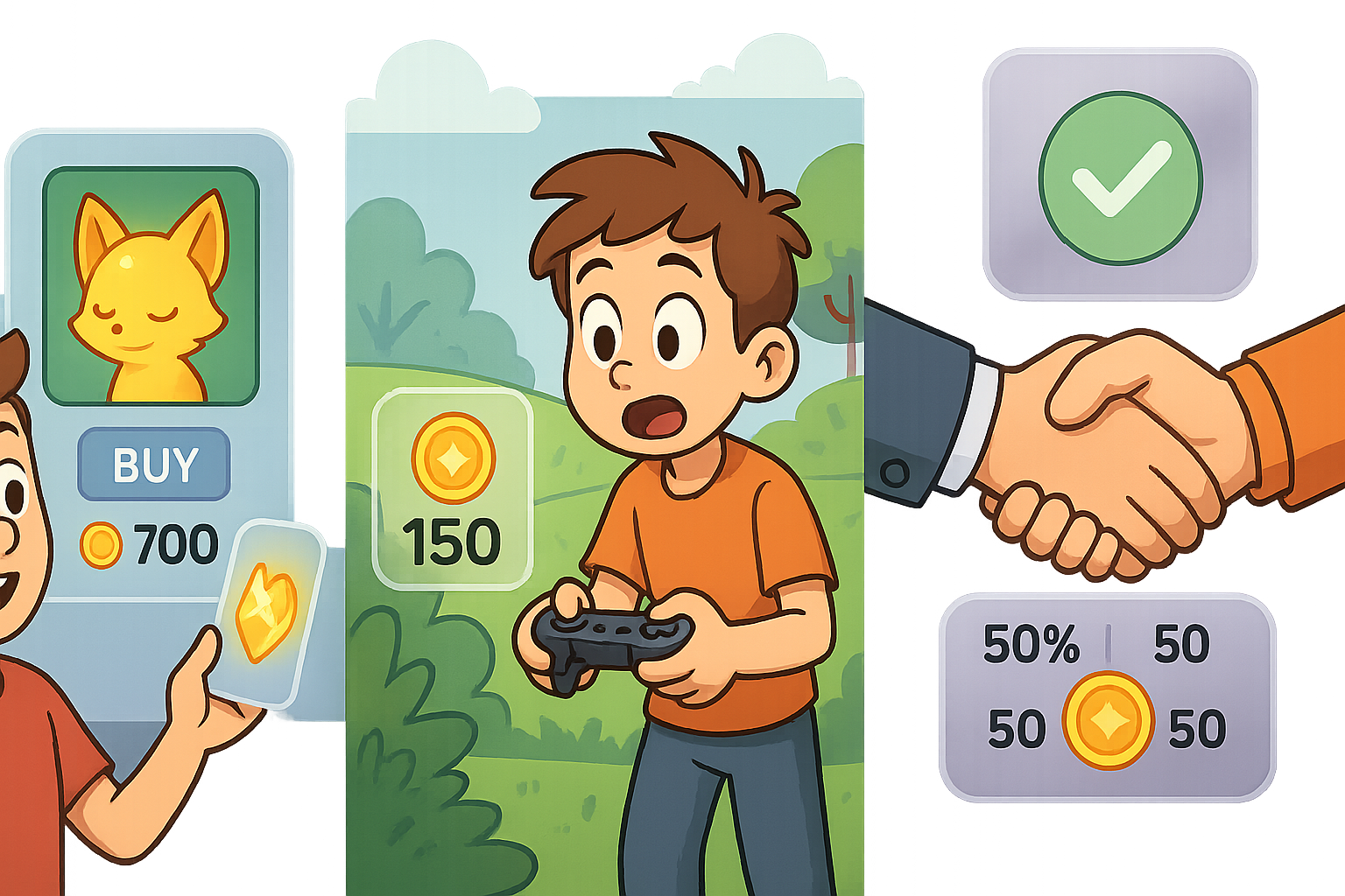 Three distinct cartoon scenes blended with glassmorphism: one showing a direct purchase of an NFT, another depicting a player earning basic tokens in a free game, and a third illustrating a scholarship agreement with two hands shaking over shared earnings. Landscape format.